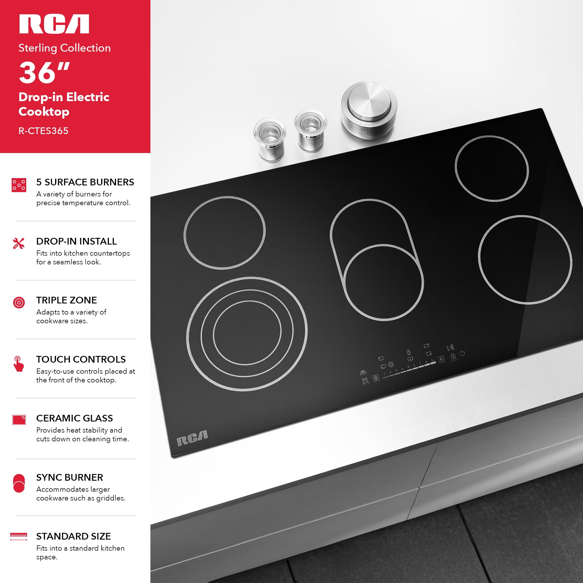 RCA 36 in. Sterling Collection Drop-In Electric Ceramic Glass Cooktop, 5 Burners, Triple Zone Element, Sync Burner, Black