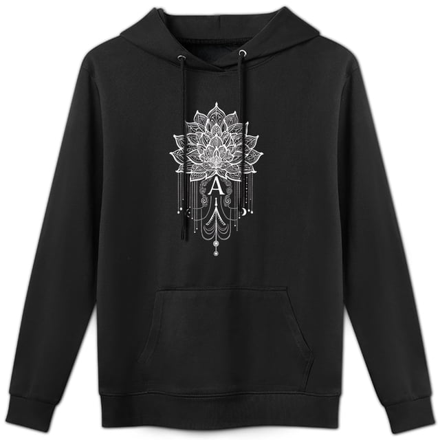 Sudadera con capucha de estampado étnico de loto mandala y atrapasueños, estilo boho elegante con letra A, de algodón agradable para la piel, top informal unisex.