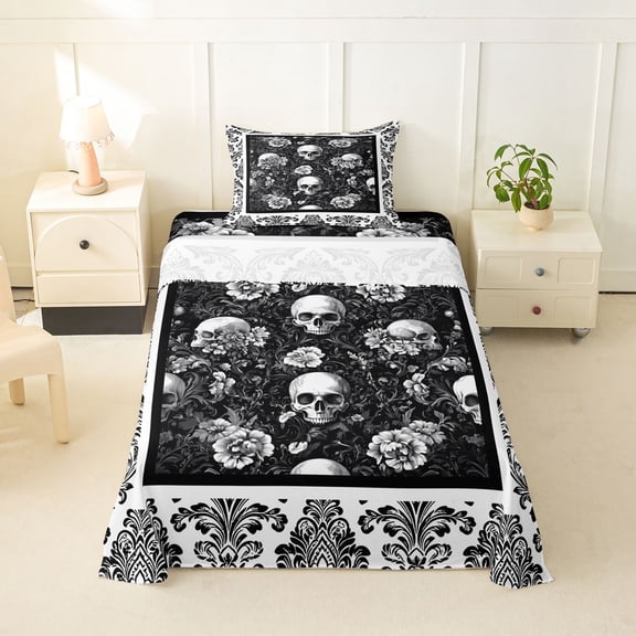 Homewish Spooky Skull Skeleton Twin Sheets,Hipple Damask Floral Bedding,Halloween Bed Set,3-Piece,1 Fitted Sheet and 1 Pillowcase