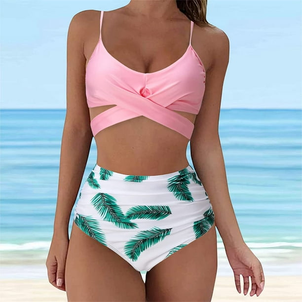 F729 High Waisted Bikini Women Vintage Swimsuit Two Piece Retro Halter Ruched High Waist Print Bikini