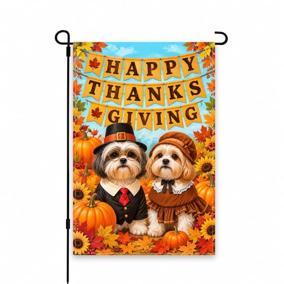 Happy Thanksgiving Garden Flag 12x18 inch, Pilgrim Dogs and Autumn Pumpkins Design, Outdoor Decor for Yard, Lawn, Patio, Porch, or Flower Bed