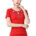 thumbnail image 4 of Women'S Latin Ballroom Dance Practice Competition Tops T Shirts Rhinestone Cut Out Top Short Sheer Illusion Sleeves, 4 of 4