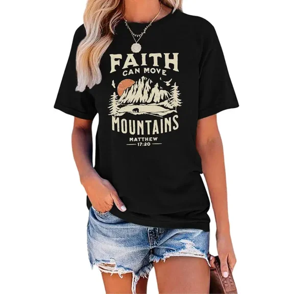 Women's Faith Can Move Mountains Graphic T-Shirt Matthew 17:20 Christian Inspirational Short Sleeve Tee