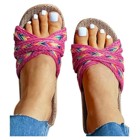 

Cathalem Bedroom Slippers Women Memory Foam Shoes Slippers Casual Strap Women s Slippers Ladies Summer Home Men Linen Women s Shoes Hot Pink 35