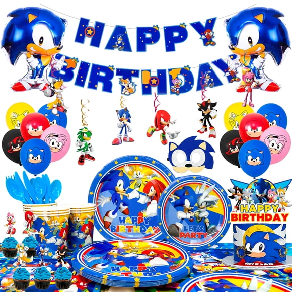 Sonic Birthday Party Supplies,118pcs Sonic Birthday Decorations & Tableware Set - Sonic Birthday Banner Ballons Plates Cups Napkins Tablecloth etc Sonic The Hedgehog Party Supplies for Boys Kids
