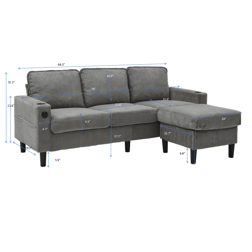 3-Seater L-Shaped Sofa in Light Grey, Features Storage Ottoman, USB Ports, Cup Holders and Magazine Pockets for Enhanced Convenience