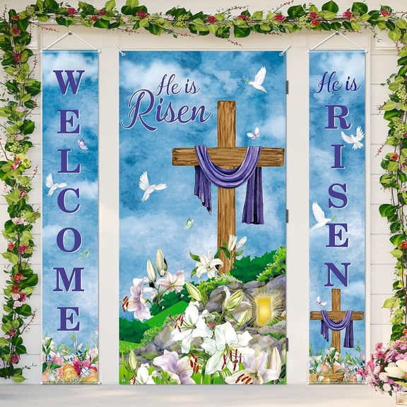 3 Pcs Happy Easter Day Banner, Decorations He is Risen Porch Banners and Easter Religious Door Cover Large Fabric Cross Background for Jesus Spring Party Decor