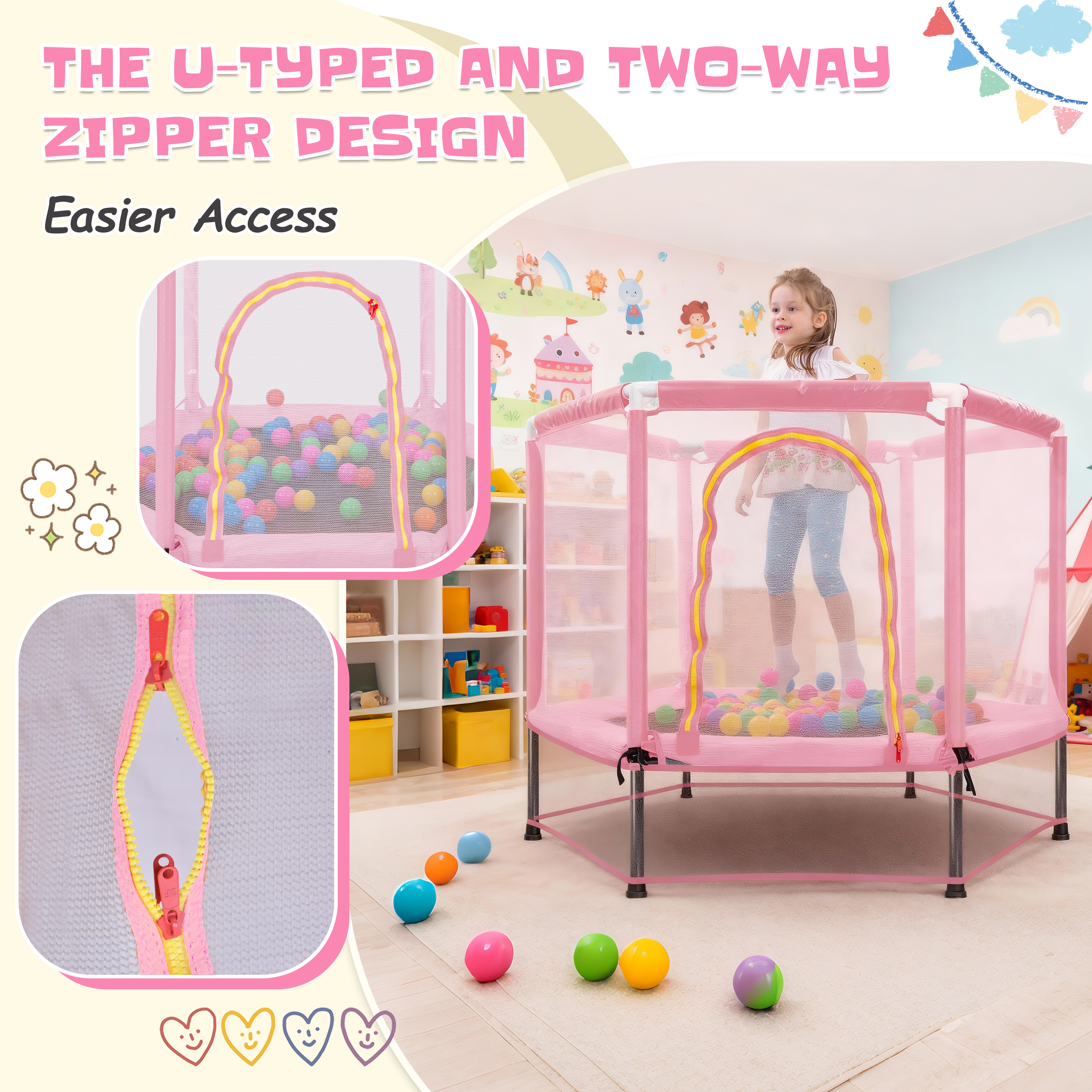 EUROCO 55" Mini Toddler Trampoline with Ocean Balls, No-Gap Design, Small Round Trampoline for Kids with Upper&Lower Safety Net