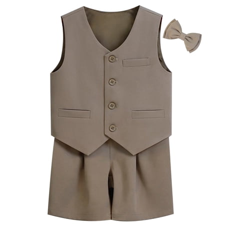 FINALGANG Boys Kids V Neck Sleeveless Vest With Bow Tie Elastic Waist Shorts Three Piece Formal Suit Set For Toddlers Weddings Birthdays Special Occasions Cozy Outfit