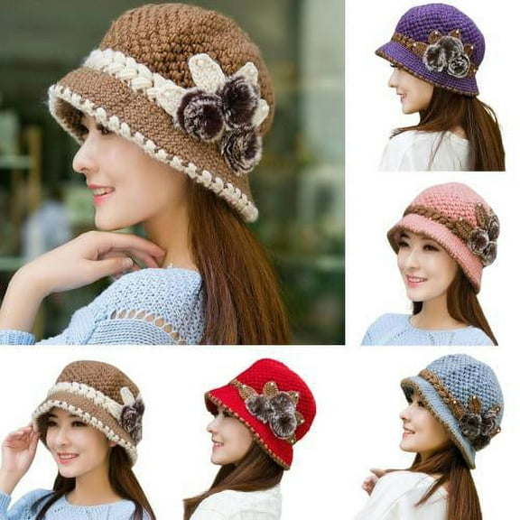 Cheers.US Women Winter Warm Knit Hat Wool Snow Ski Caps with Visor Knitted Hat Warm-keeping Super Soft Cotton Ultra-thick Ear Protection Hat