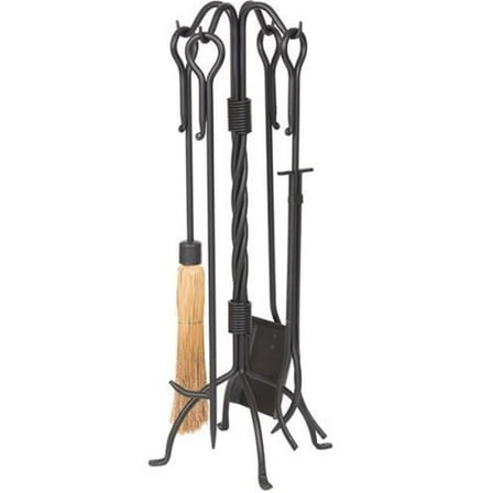 Wrought Iron Fireplace Tool Set - Corn Broom & Twist Stand, Black - 5 Piece