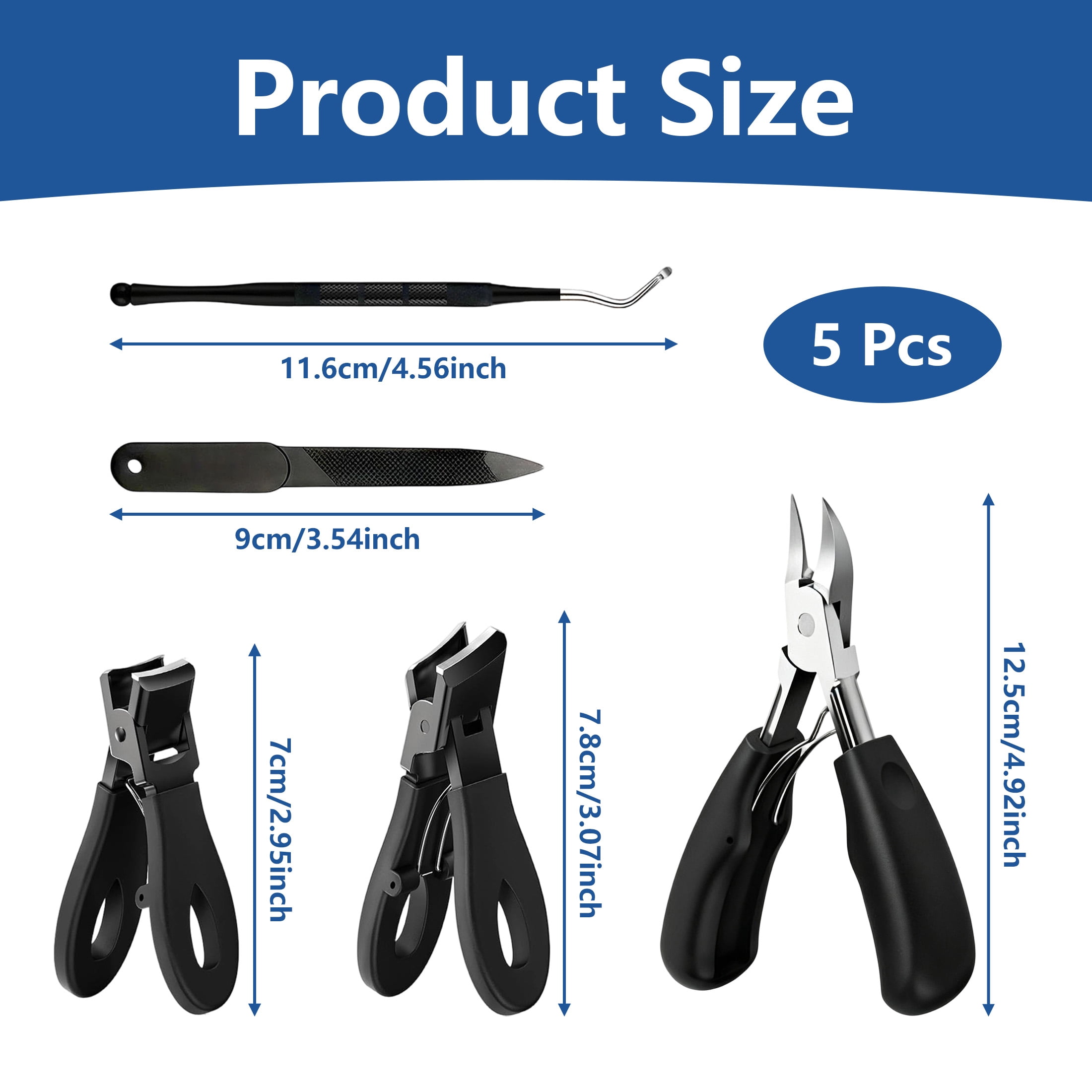 5 Pcs Ingrown Toenail Clippers Set, Heavy Duty Thick Toe Nail Cutters, Professional Thick Ingrown Toenail Cutters with Nail File and Lifter for Foot Nail Care for Seniors Adults