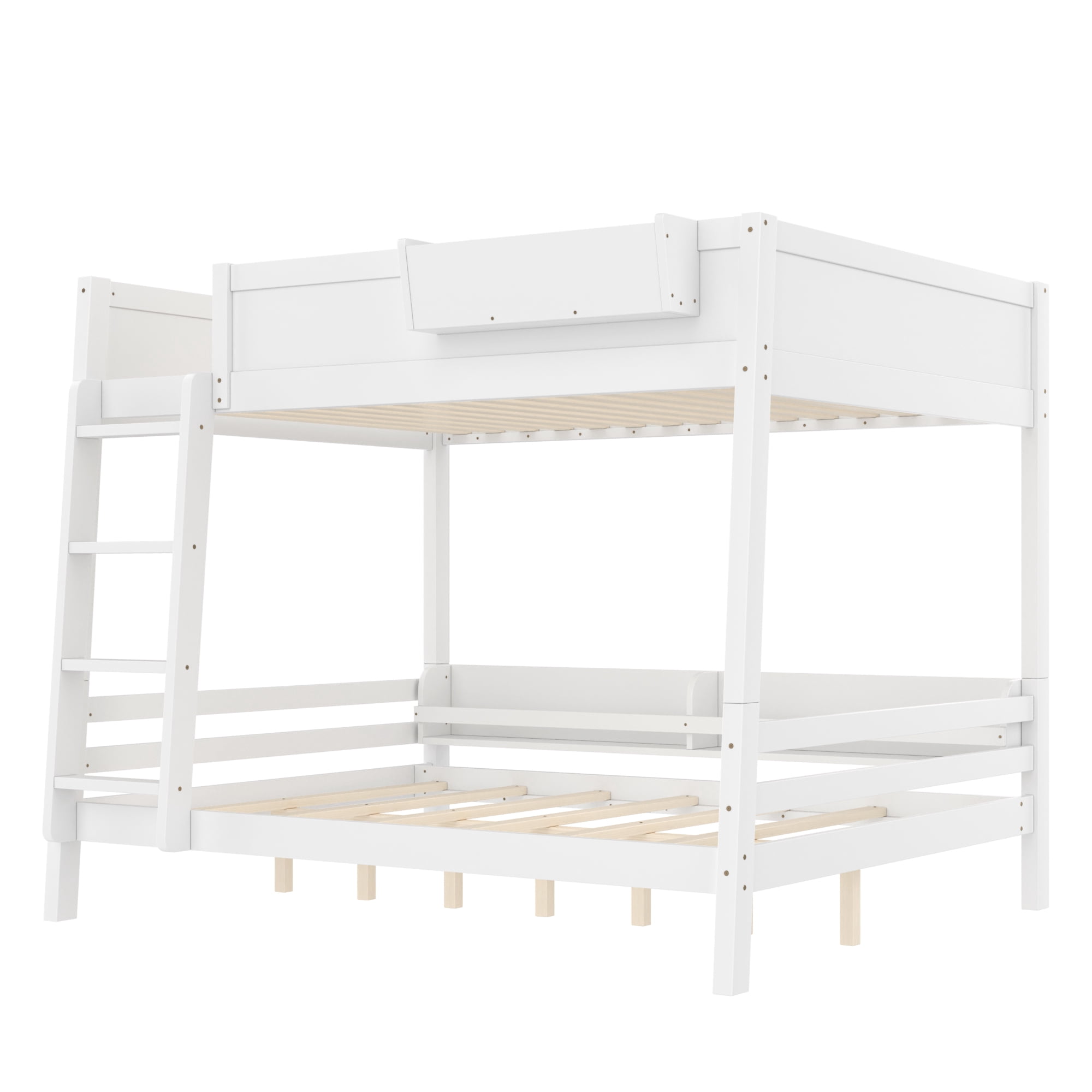 Mintazer Queen Over Queen Detachable Bunk Bed with Storage Shelf and Bookshelf, Modern Convertible Bunk Bed with Ladder and Guardrails for Bedroom Guest Room, White