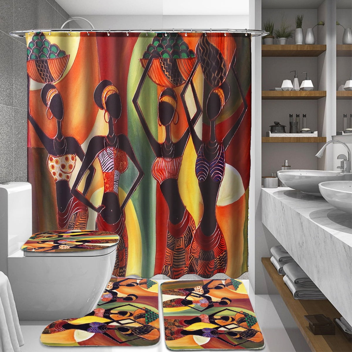 60 X 72 African Woman Bathroom Fabric Shower Curtain Waterproof With 3pcs Toilet Mats