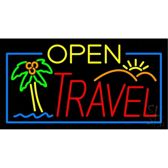 Open Travel LED Neon Sign 20 x 37 - inches, Black Square Cut Acrylic Backing, with Dimmer - Bright and Premium built indoor LED Neon Sign for Décor, Travel agency, Storefront.