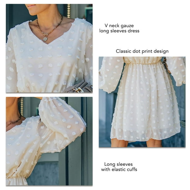 Vestido Casual De Manga Larga Para Mujer, Puño Elástico Con Estampado De Puntos, Cuello En V, Vestido De Manga Larga, Tul, Estilo De Línea, Con Volantes Para Vacaciones Para ANGGREK Albaricoque L