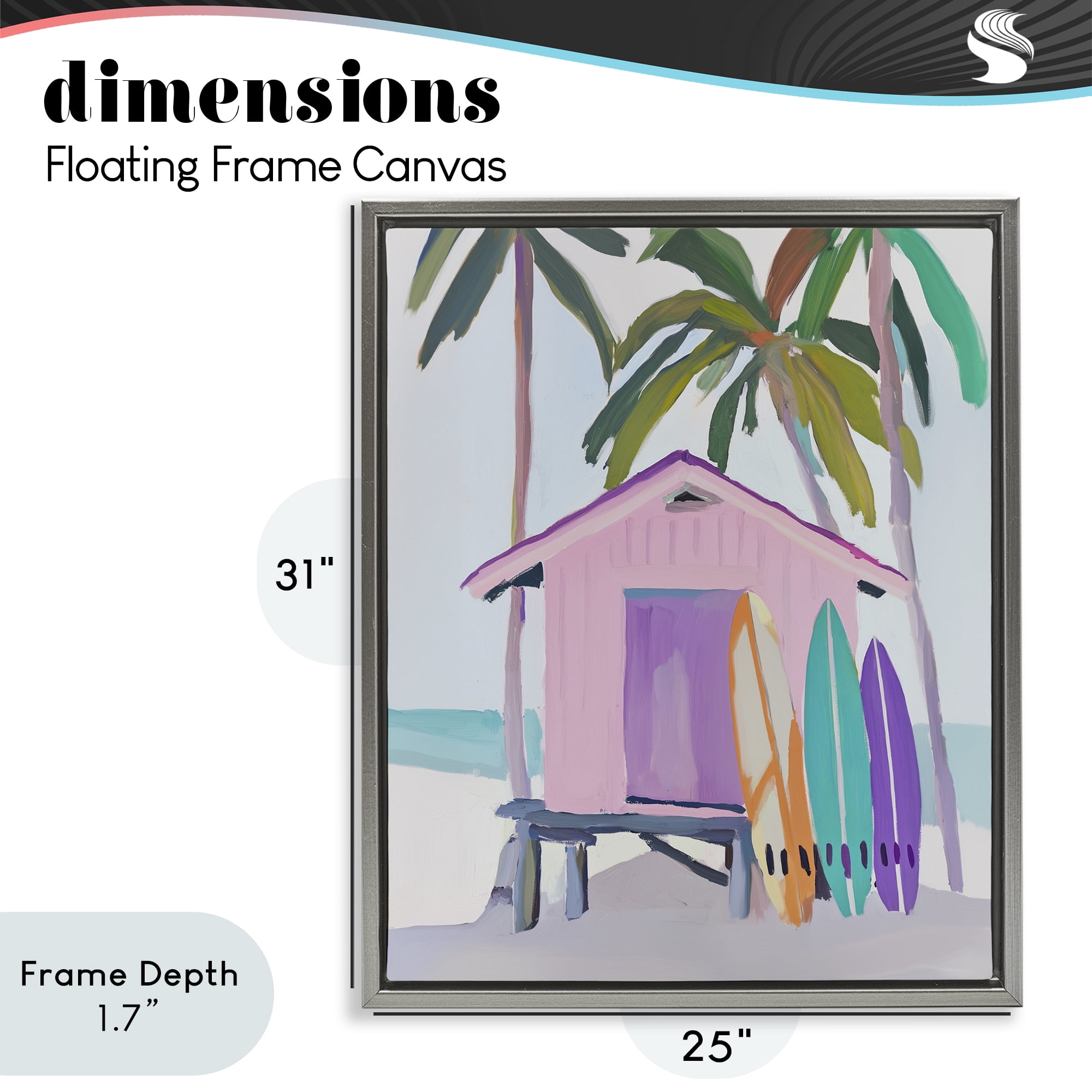 Stupell Industries Pink Beach Hut with Surfboards Gray Framed Floater Canvas Wall Art, design by Sisi and Seb