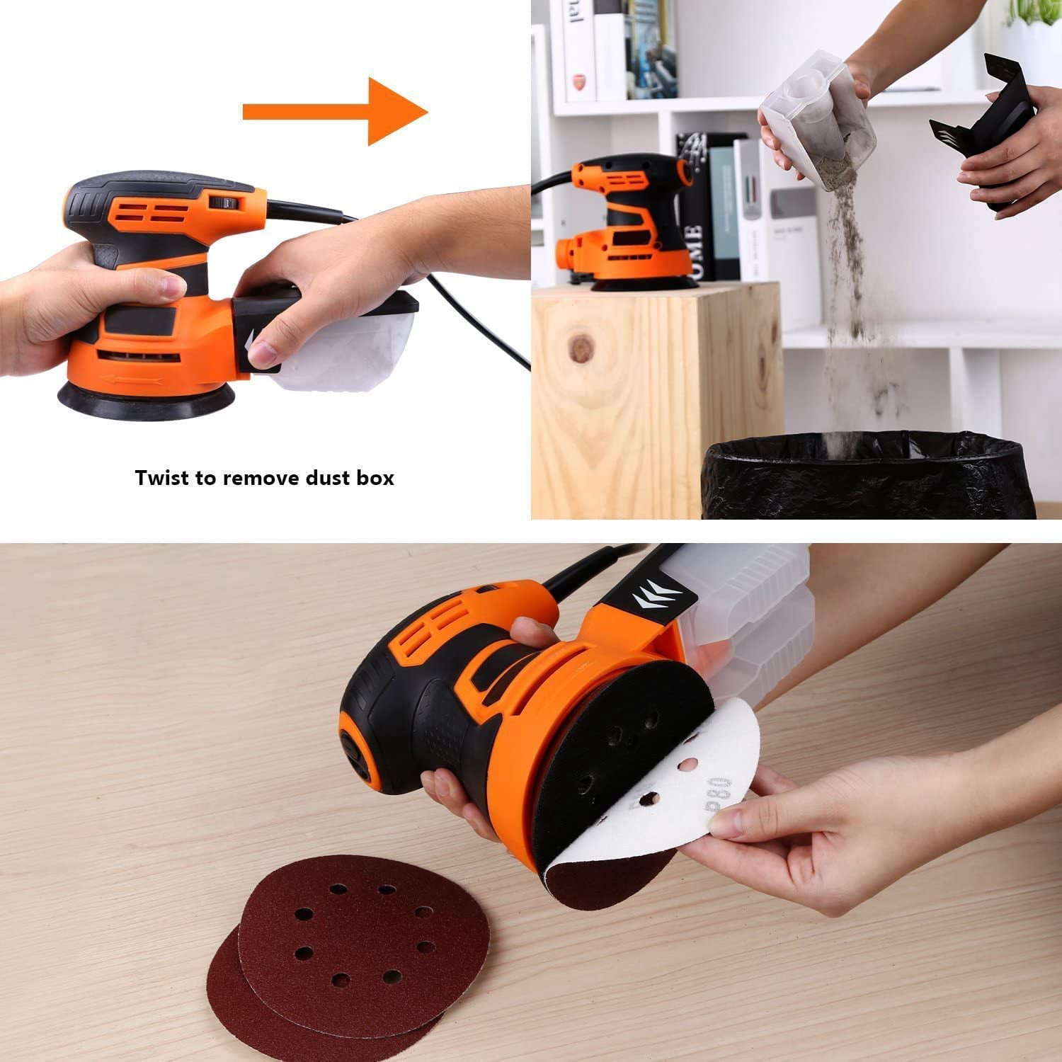 DOVAMAN Random Orbital Sander, 3 Amp, 5 Inch, Corded, Variable Speed, Dust Box, 12pcs Sanding Discs