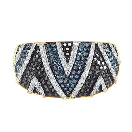 Diamond Gold Cocktail Ring - Black, Blue & White Natural Diamond Dome Cocktail Ring In 10k Yellow Gold (0.6 Cttw)