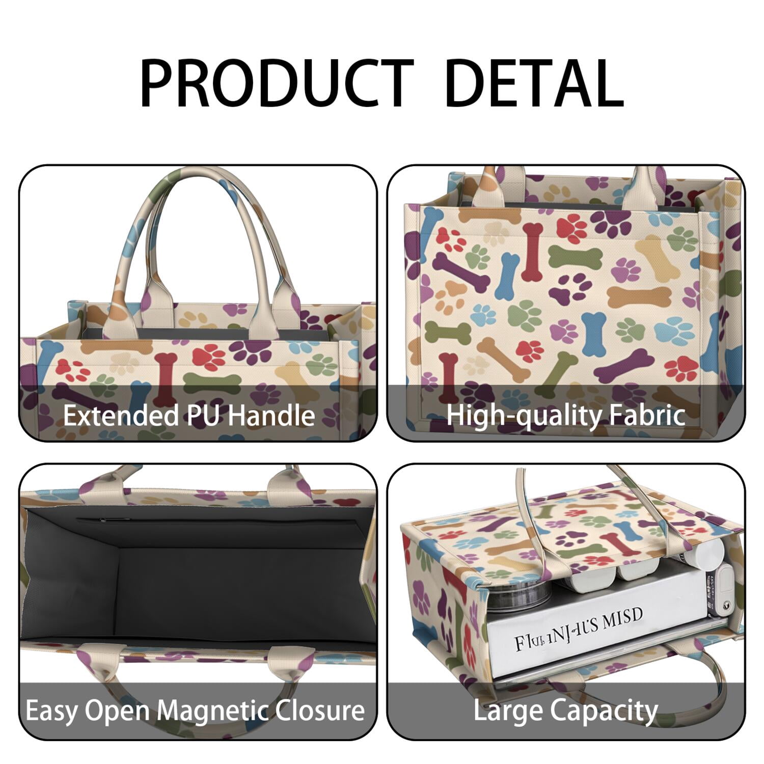 Large Capacity Tote Bag,Paw Prints and Bones Handbag Fashion Luxury Tote Bag,15.7"x13"x 5.1" Inches,Laptop Compatible