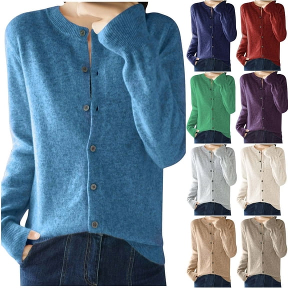 TARIENDY Womens Long Sleeve Cardigan Sweaters Plain Button Front Knit Cardigans Lightweight Crewneck Sweater Outerwear Blue XS