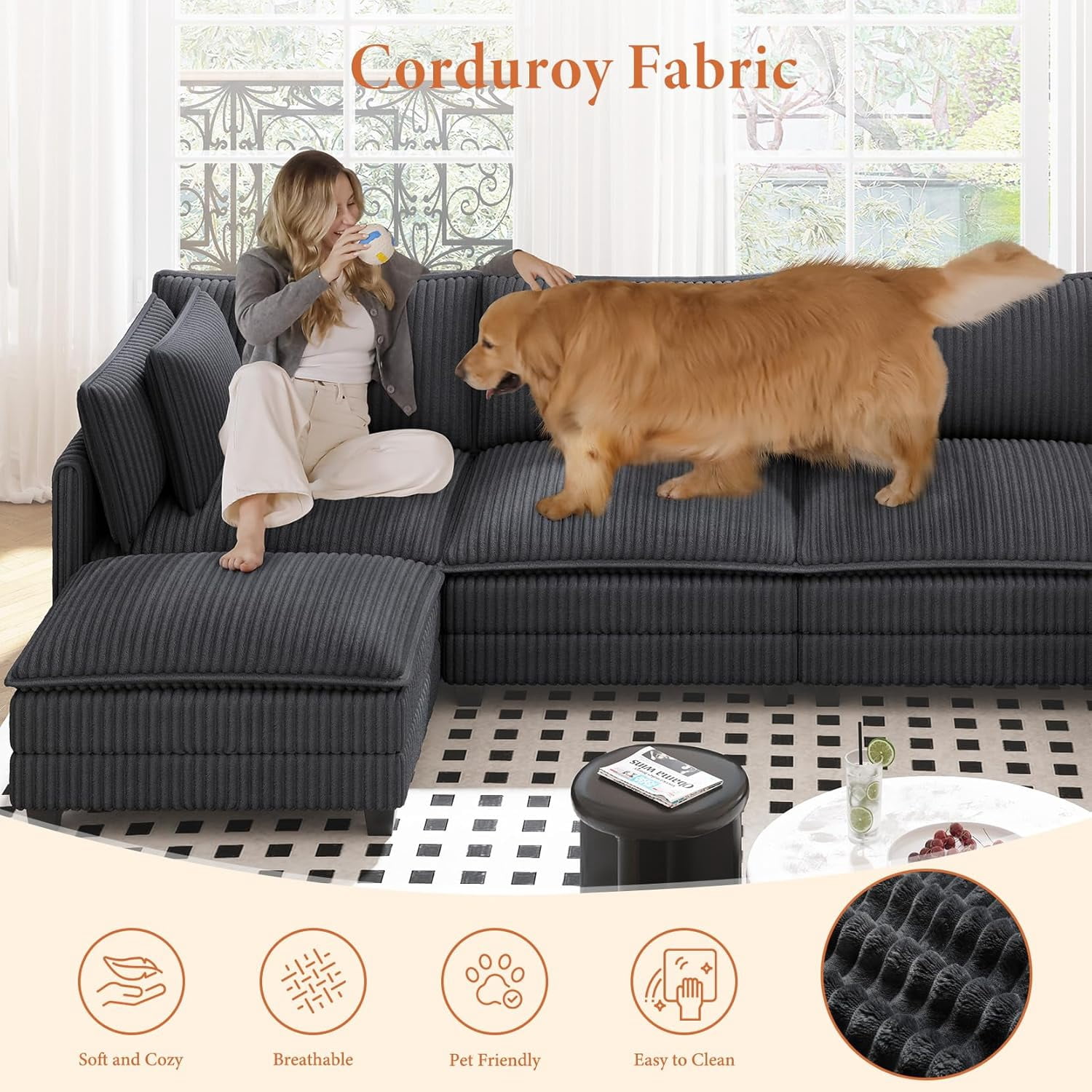 Neche 143" U Shaped Sectional Modular Couch, Comfy Corduroy Upholstered Modular Cloud Sofas for Living Room, Modern Sectional Sofa with 2 Ottoman Deep Seat, Dark Grey