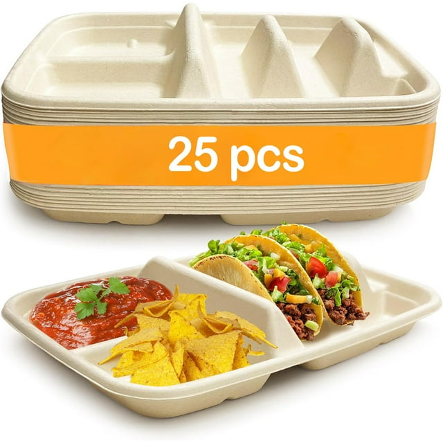 KAKOWELY 25 platos desechables para tacos con acompañamientos para mojar, soporte para tacos, bandeja para servir tortillas, suministros para fiestas mexicanas.