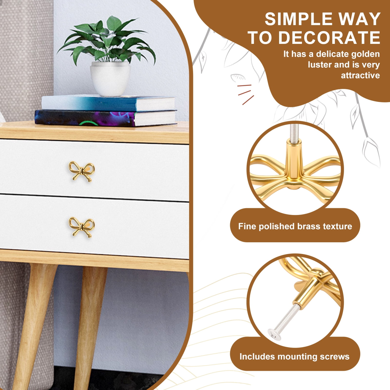 2/4/6 Pcs Bow Shape Drawer Knobs Gold Brass Cabinet Pulls with Screws Decorative Cupboard Handles for Dresser Wardrobe Drawer Cabinet