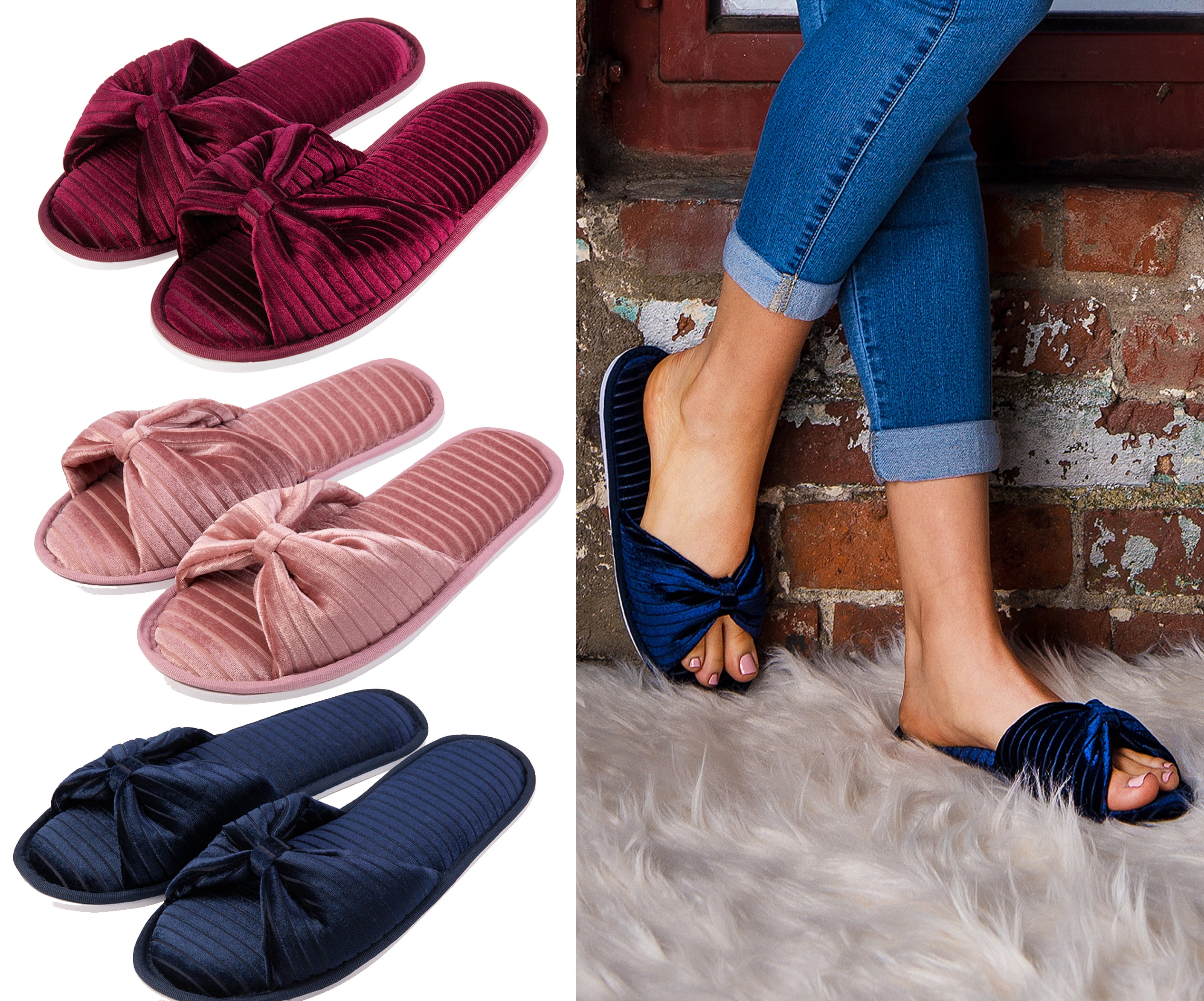 Women’s Open Toe Indoor Slide Slippers with Memory Foam, Soft House Shoes with Bow