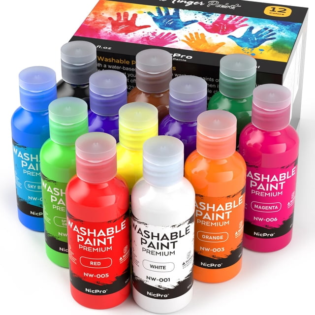 Set de pintura para dedos Nicpro, 12 colores, lavable para niños pequeños, 60 ml