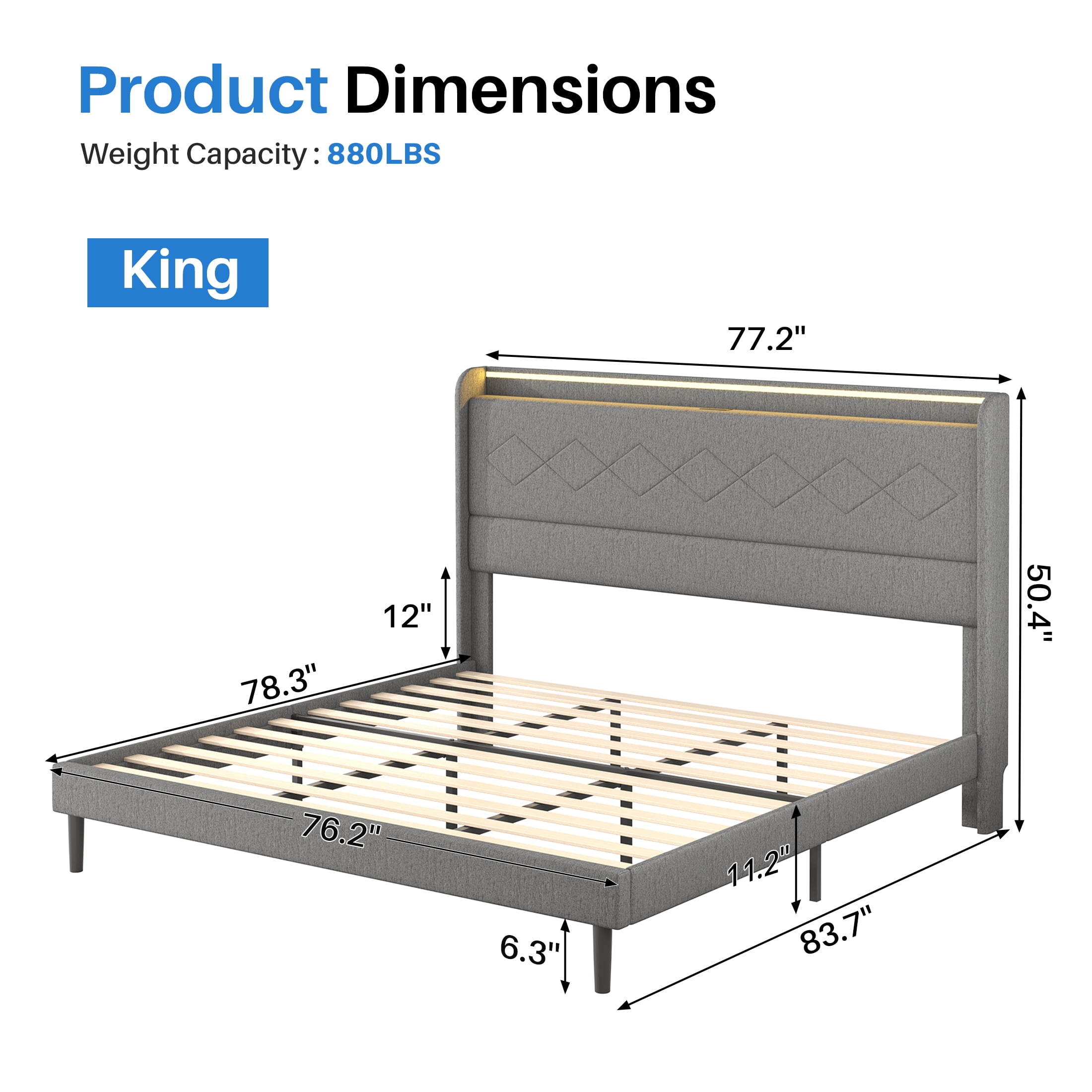 edx Upholstered King Bed Frame with Height-Adjustable Headboard, 3 USB Charging Ports, LED Light Strip & Bluetooth Controller, Gray