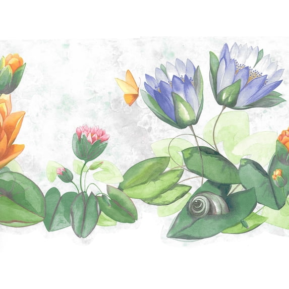 Dundee Deco Prepasted Wallpaper Border - Floral Orange, Pink, Blue Flowers, Frog, Butterfly, 15 ft x 6.5 in