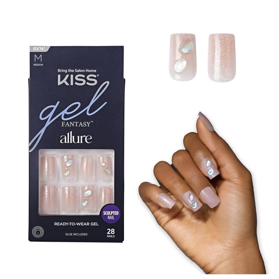 KISS Gel Fantasy Allure Press On Nails, Ready to Wear, 3D Design, Waterproof, Pink Gel Nail Glue 0.07 Oz. (2g), Manicure Stick & Mini File, 28 Count