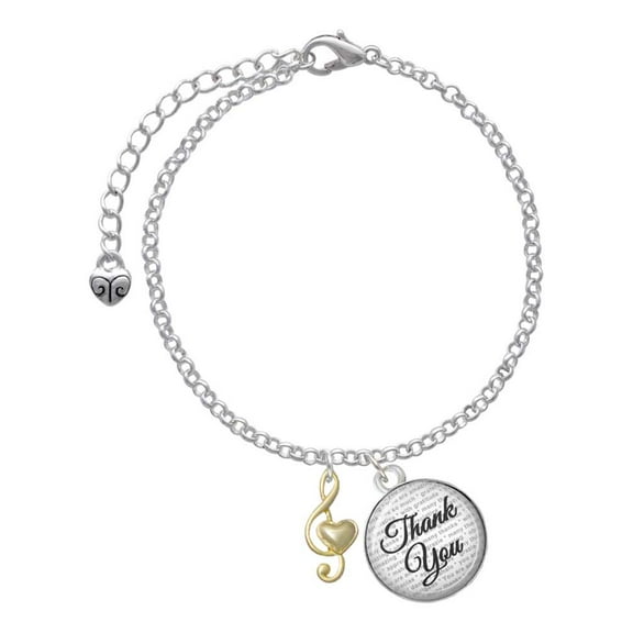 Delight Jewelry Goldtone Medium Clef with Heart - Domed Thank You Charm Bracelet, 6" 2"