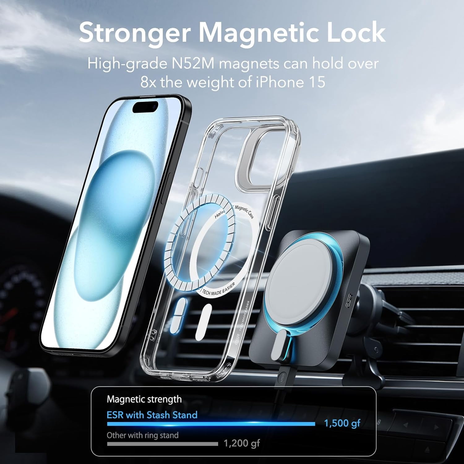 CRKMGS-ESR for iPhone 15 Case, Compatible with MagSafe, Built-in Stash Stand Clear Phone Case for iPhone 15, Military-Grade Protection, Magnetic Phone Case, Scratch-Resistant Back Cover,Classic Serie