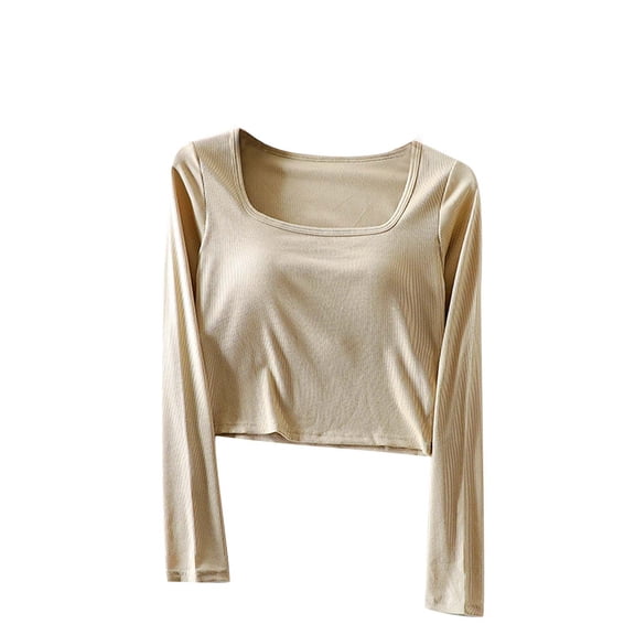ZyeKqe Womens Crop Tops with Built in Bras Long Sleeve Square Neck Casual Summer Comfy Pajama Shirts