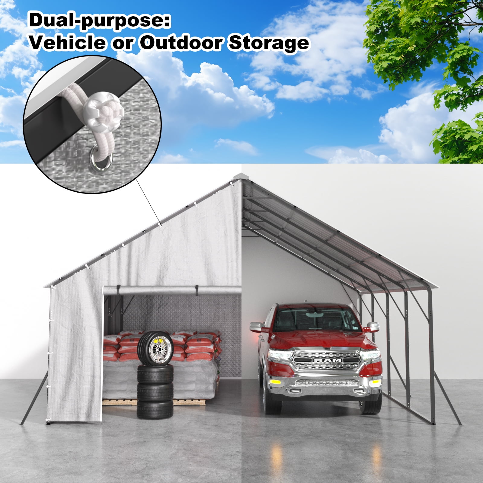 FLOUREE 20x20 FT Metal Carport Heavy Duty with PE Sidewalls for All-Weather Use Enclosed Car Port with Vertical Steel Roof, Reinforced Base & Beams, 2 Car Garage Shelter for Car, Boats and Truck