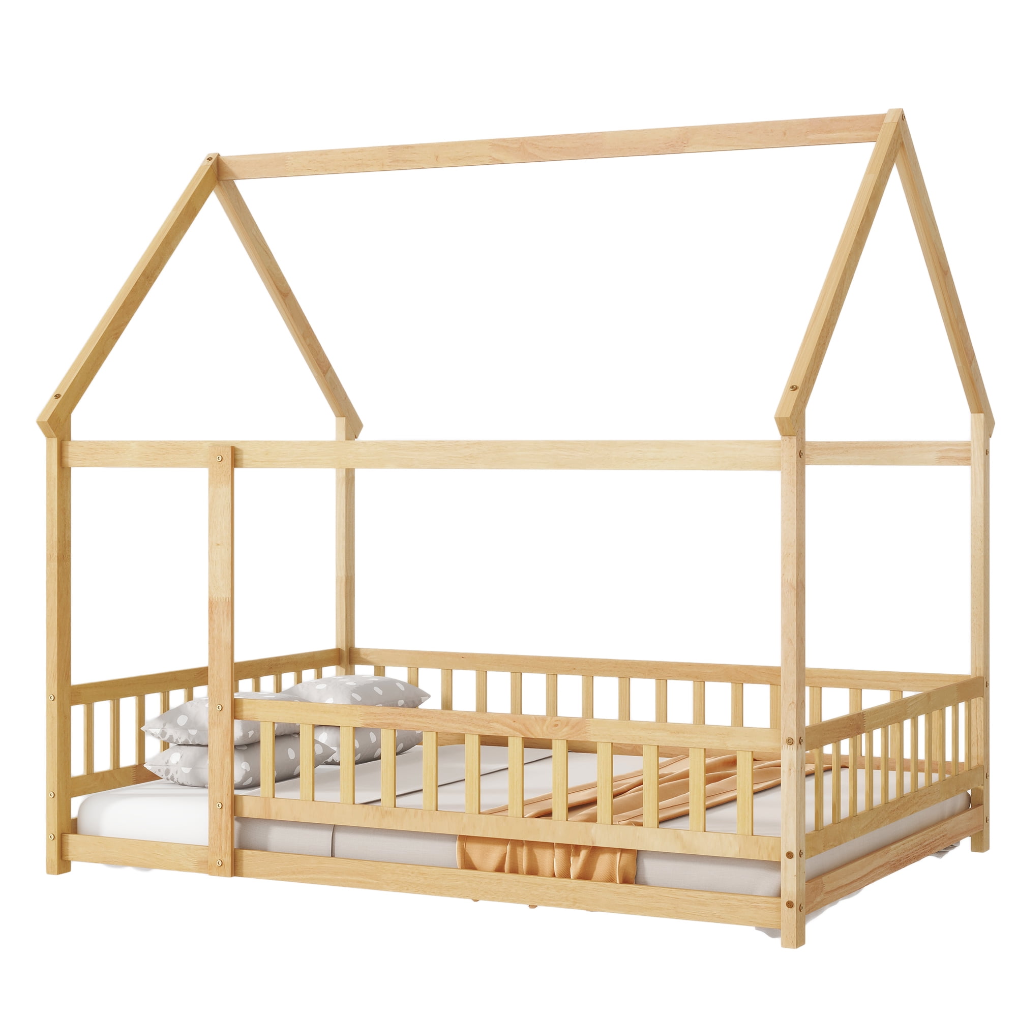 Sailvan Full Size House Floor Wooden Bed with Roof Frame, Safety Guardrails
