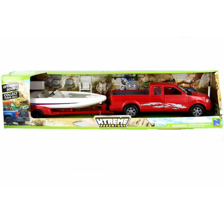 Red Pickup Truck W/ Fishing Boat Playset, Toy Bass Boat And Truck