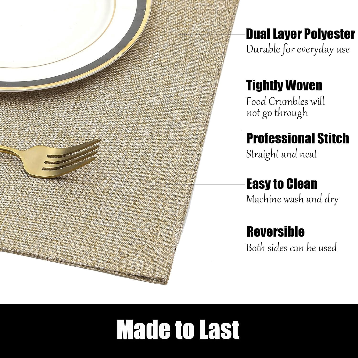 Fabric Placemats Set of 6 Machine Washable Thickened Cloth Table Placemats Heat Resistant Non Slip Table Mats Double Layer Place Mats, Beige