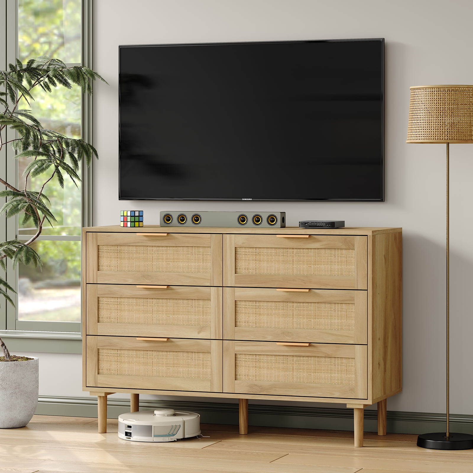 Furnihold Rattan Dresser for Bedroom Natural Wood Dresser 6 Drawer Dresser for Closet Beside Table for Bedroom, Living Room
