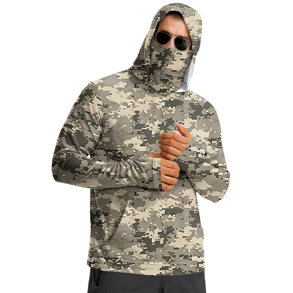AHMOMEI Camouflage Men's UPF 50 Hoodie Shirts Long Sleeve Thumb Hole Fishing Shirt Uv Protection Hoodie Outdoor Hiking Swimming Hooded Sun Shirt with Mask
