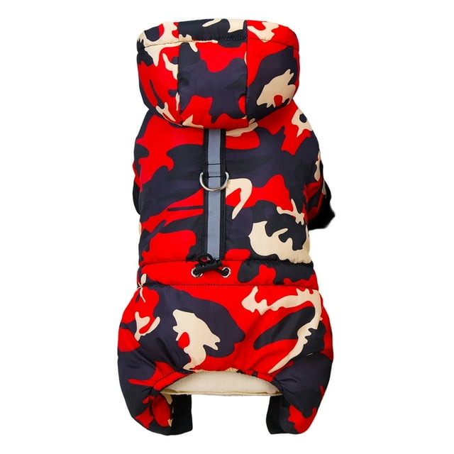 Traje de nieve con capucha, forrado de lana, con cuatro patas, acolchado, para invierno, abrigo térmico para cachorros, a prueba de viento, con tira reflectante y anilla para correa, para gatos p...