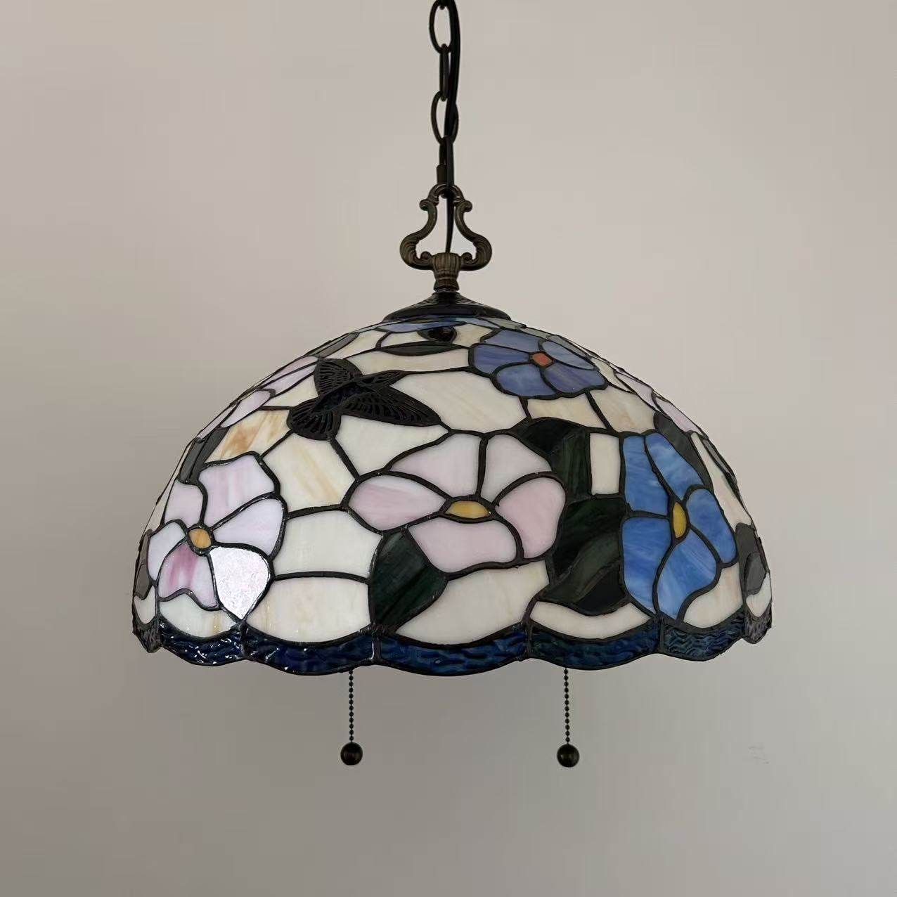 Tiffany Pendant Lights Fixture Pink Blue Stained Glass Hummingbird Flowers LED Bulb 16"W*16"D*75"H