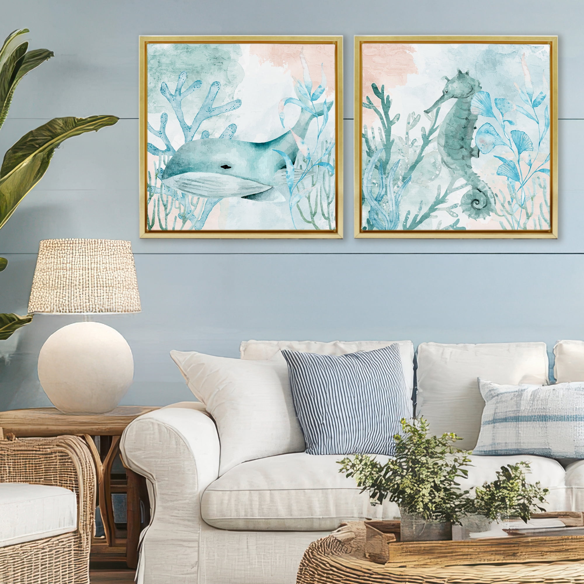 Stupell Industries Whale & Seahorse Sea Swim 2 Piece Gold Framed Floater Canvas Set, design by Kim Allen