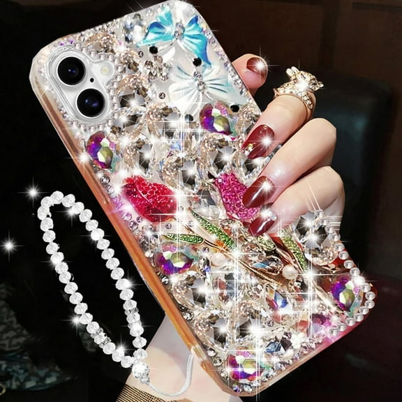 for iPhone 16 Plus Glitter Bling Case,Cute Luxury 3D Sparkle Rose Flower Butterfly Crystal Rhinestone Diamond Gemstone Pearl with Lanyard Wrist Strap Women Girl Case for iPhone 16 Plus,Silver