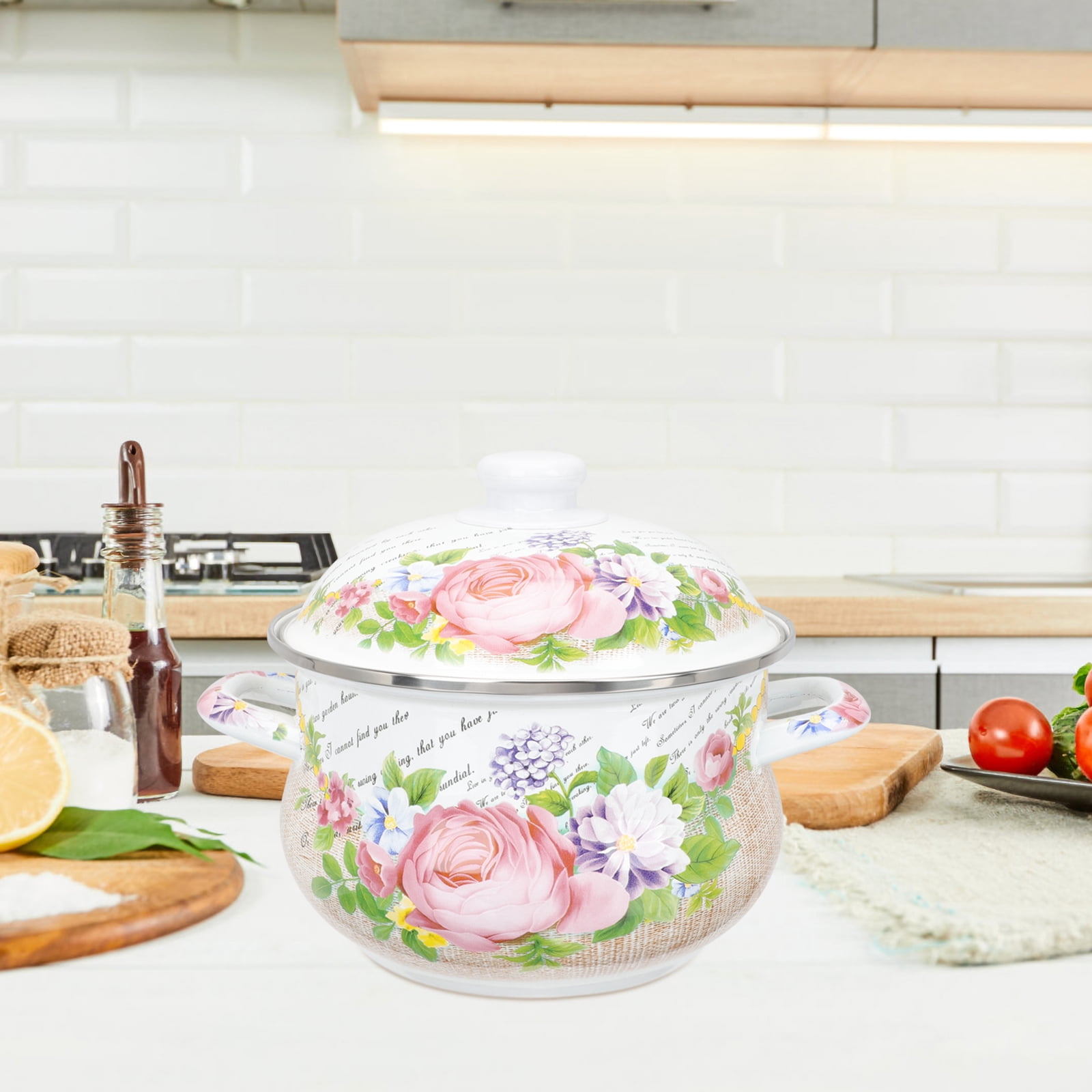 Enamel Stockpot with Lid, 1.8 Quart Retro Cooking Pot, Vintage Floral Stew Bean Simmer Pot with Handle, Kitchen Soup Pot, Safe for Induction Cookers, Gas Stove