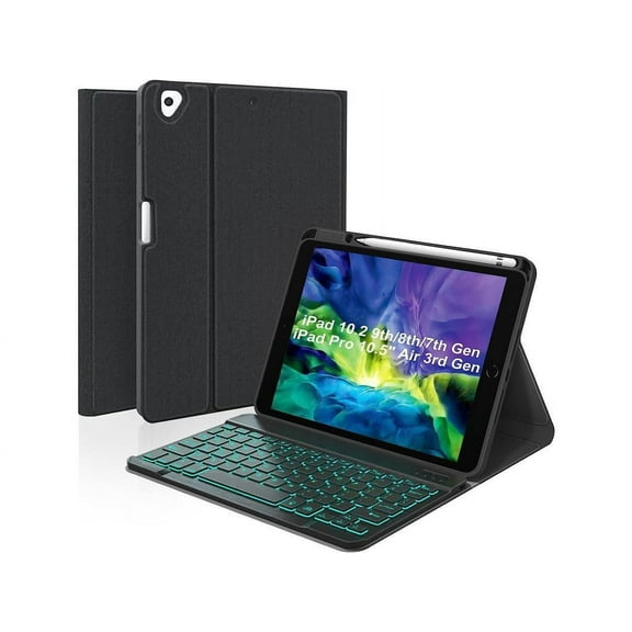 Keyboard Case For iPad 10.2 inch 9th 8th 7th 2021/2020/2019, iPad Pro 10.5 inch/iPad Air 3 10.5, Backlit 7 Colors Wireless Detachable Keyboard with Protective Cover with Pen Holder