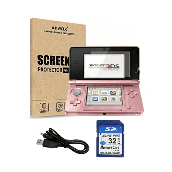 Restored Restored Nintendo 3DS Handheld Gaming Console - Pearl Pink Bundle with RetroFam 32GB SD Card & Glass Screen Protector (Refurbished)