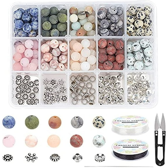 350Pcs  Stone Beads Box Set Kits 10 Material 8mm Natural Frosted Stone 5 Styles Alloy Spacer Beads Red Blue Spot Jasper Aventurine